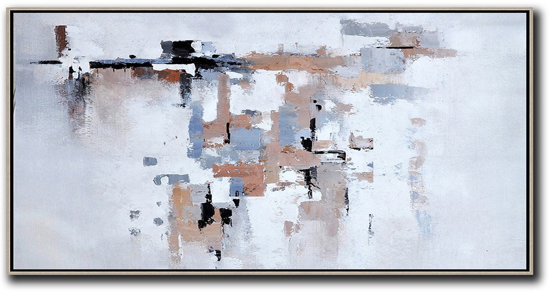 Huge Abstract Canvas Art,Horizontal Palette Knife Contemporary Art,Big Painting,White,Grey,Pink,Black,Blue.etc